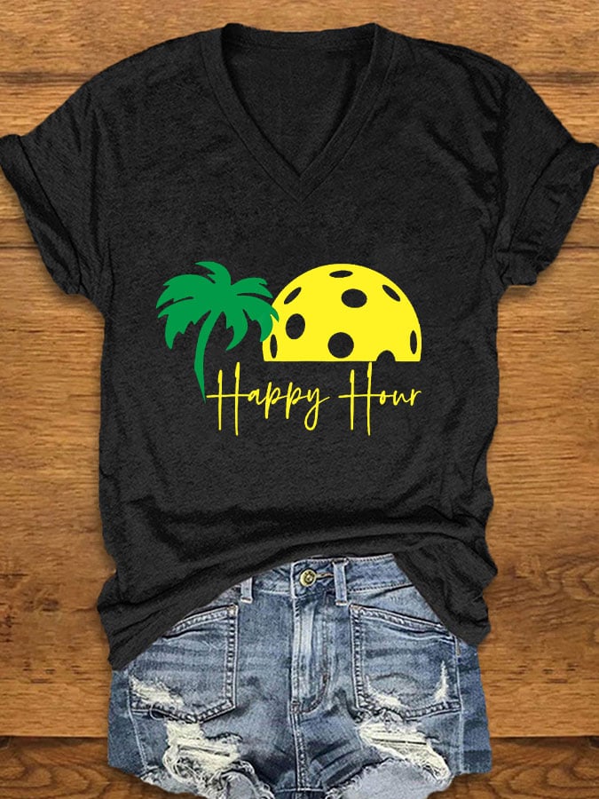 Women's Pickleball "HAPPY HOUR" Printed T-shirt