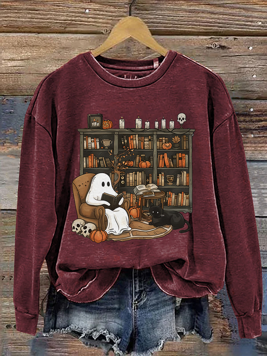 Retro Ghost Reading Books Librarian Ghost Halloween Casual Print Sweatshirt