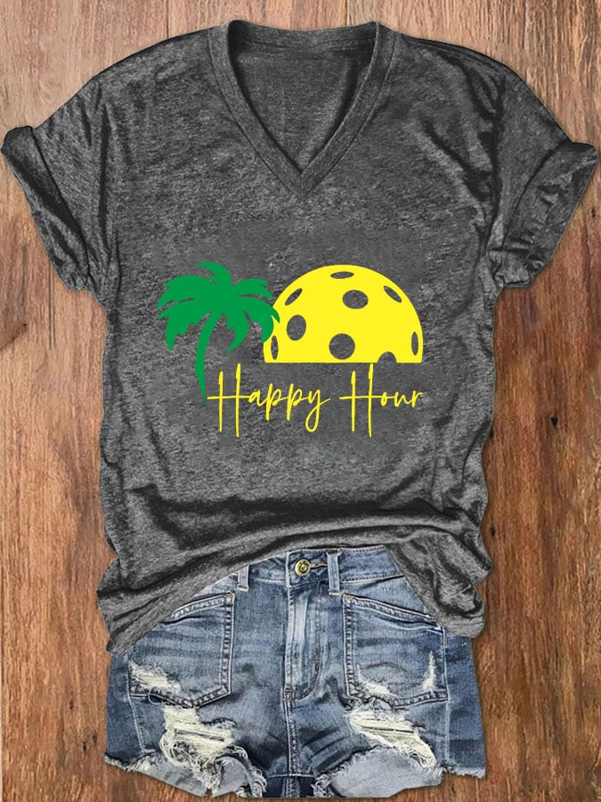 Women's Pickleball "HAPPY HOUR" Printed T-shirt