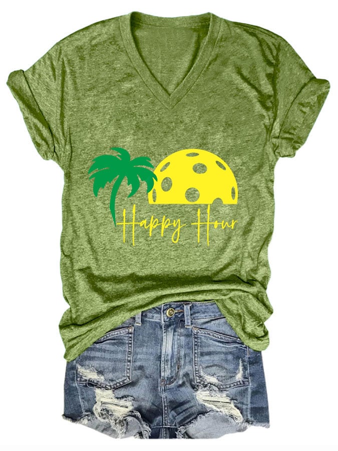 Women's Pickleball "HAPPY HOUR" Printed T-shirt