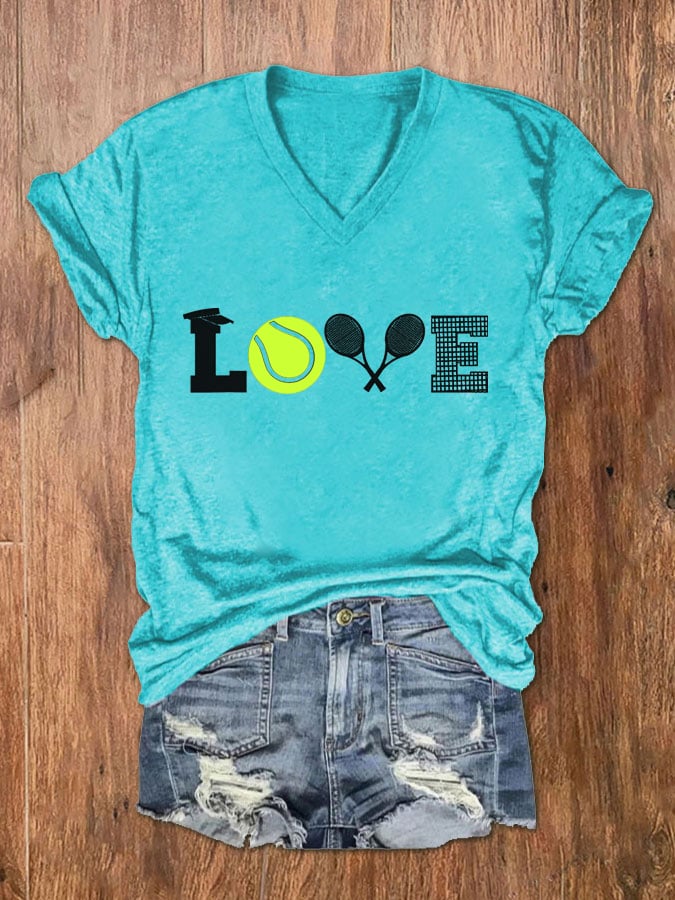 Women's Love Tennis Print V-Neck T-Shirt