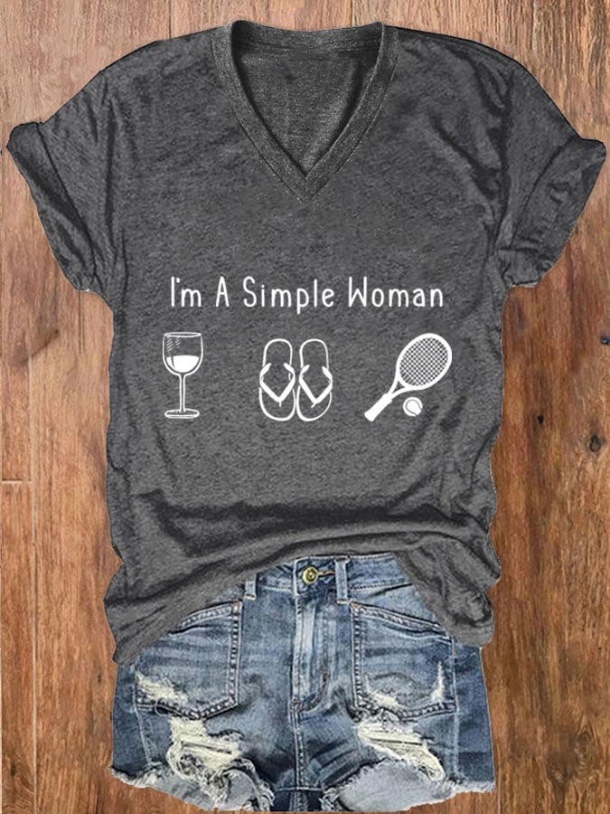 Women's I'm A Simple Woman Tennis Print V-Neck T-Shirt