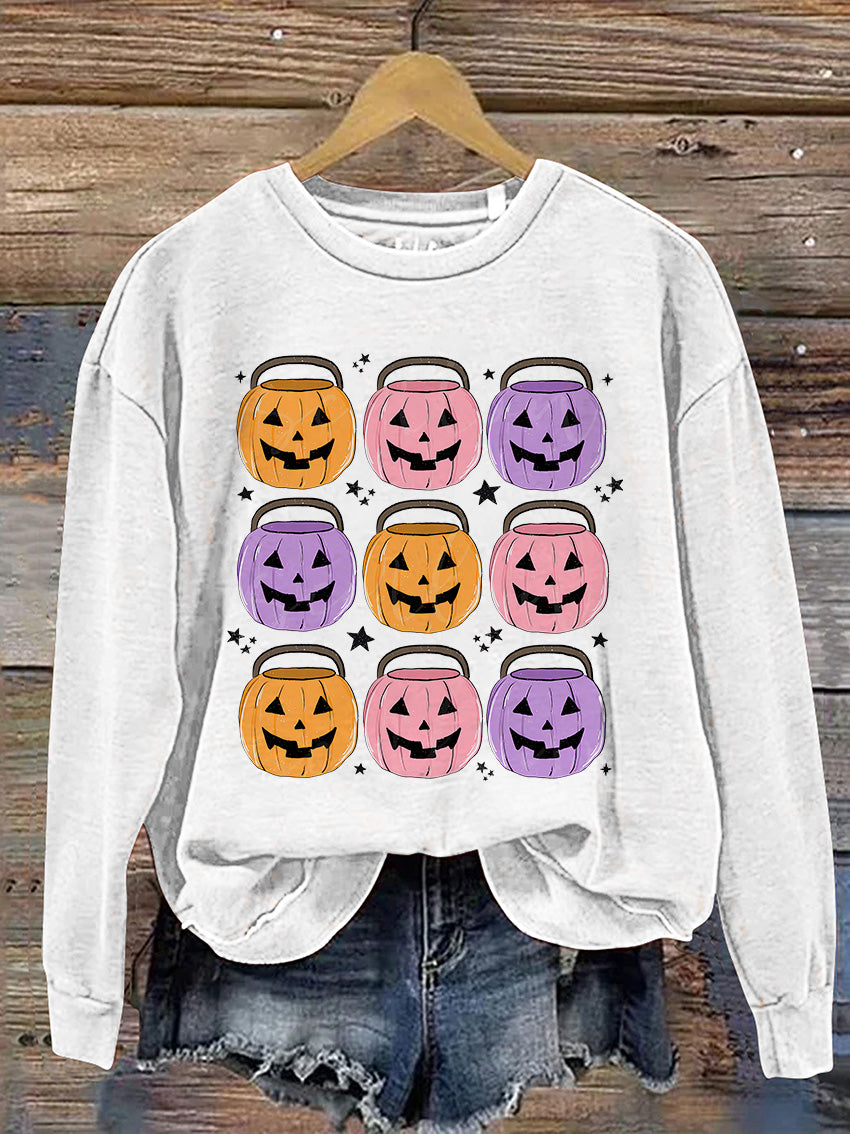 Pumpkin Buckets Halloween Casual Print Sweatshirt