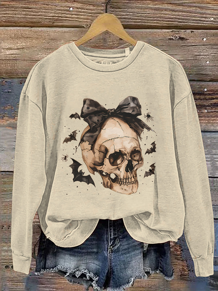 Halloween Skull Bow Casual Print Sweatshirt