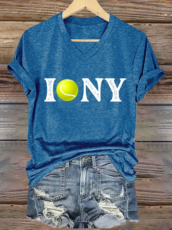 Women's V-neck Retro US Open New York I Love Tennis Print T-Shirt