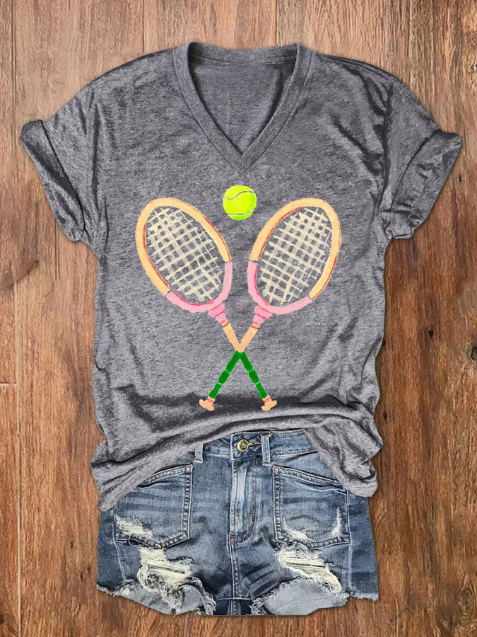 Women's Funny Tennis Tennis Lover Print V-Neck T-Shirt