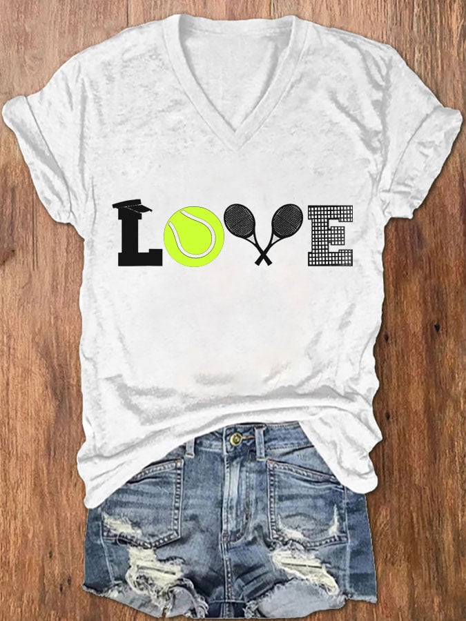 Women's Love Tennis Print V-Neck T-Shirt