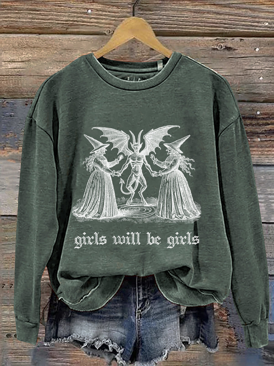 Girls Will Be Girls Witch Halloween Art Print Casual Sweatshirt