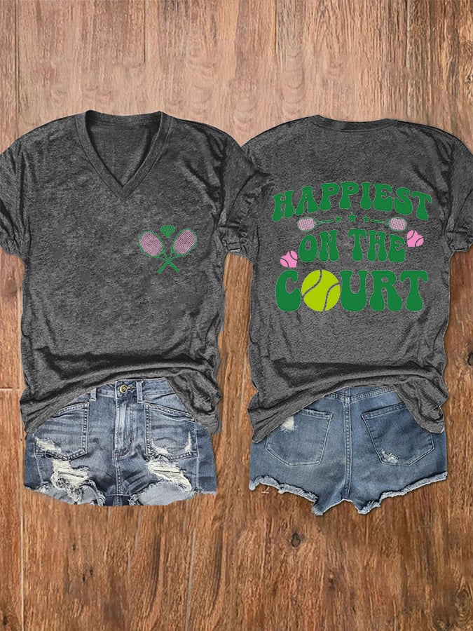 Women's Tennis Lovers Printed V-Neck T-Shirt