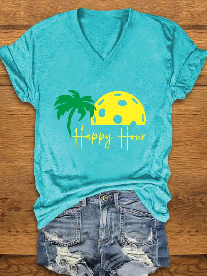 Women's Pickleball "HAPPY HOUR" Printed T-shirt