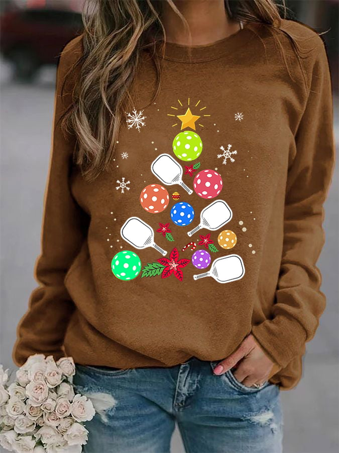 Women's Pickleball Christmas Tree Print Casual Sweatshirt