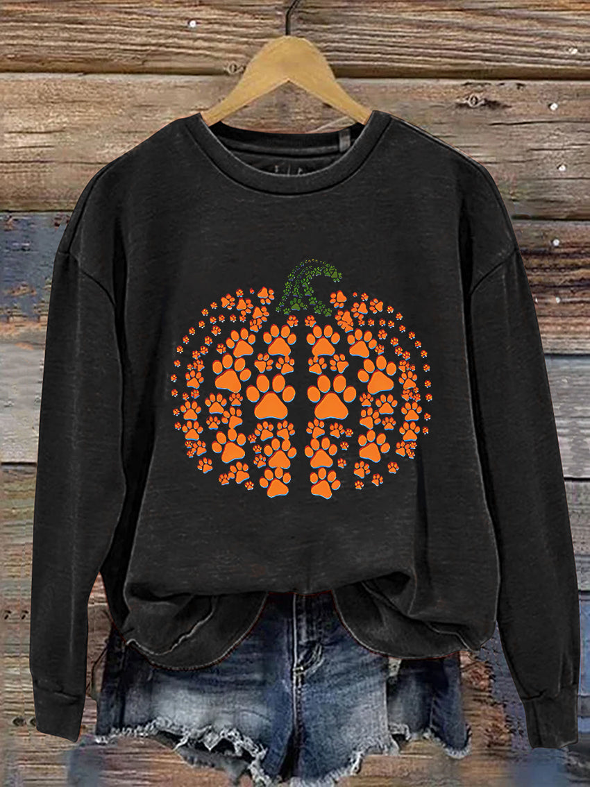 Paw Pumpkin Halloween Casual Print Sweatshirt