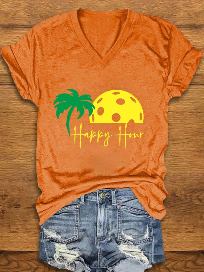 Women's Pickleball "HAPPY HOUR" Printed T-shirt