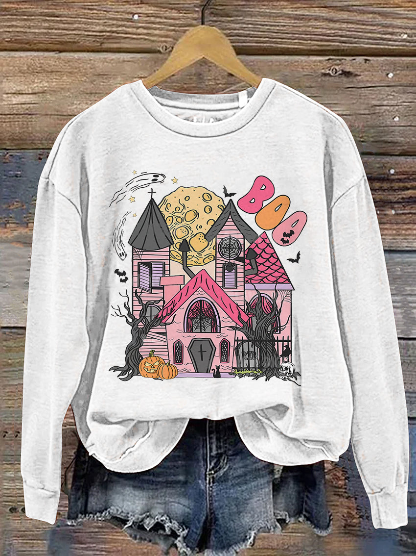 Castle Ghost Boo Halloween Casual Print Sweatshirt