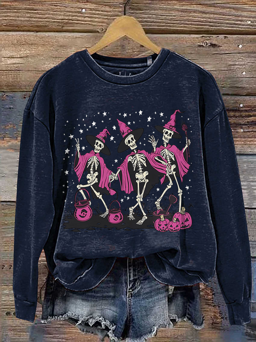 Halloween Dancing Skeleton Spooky Season Casual Print Sweatshirt