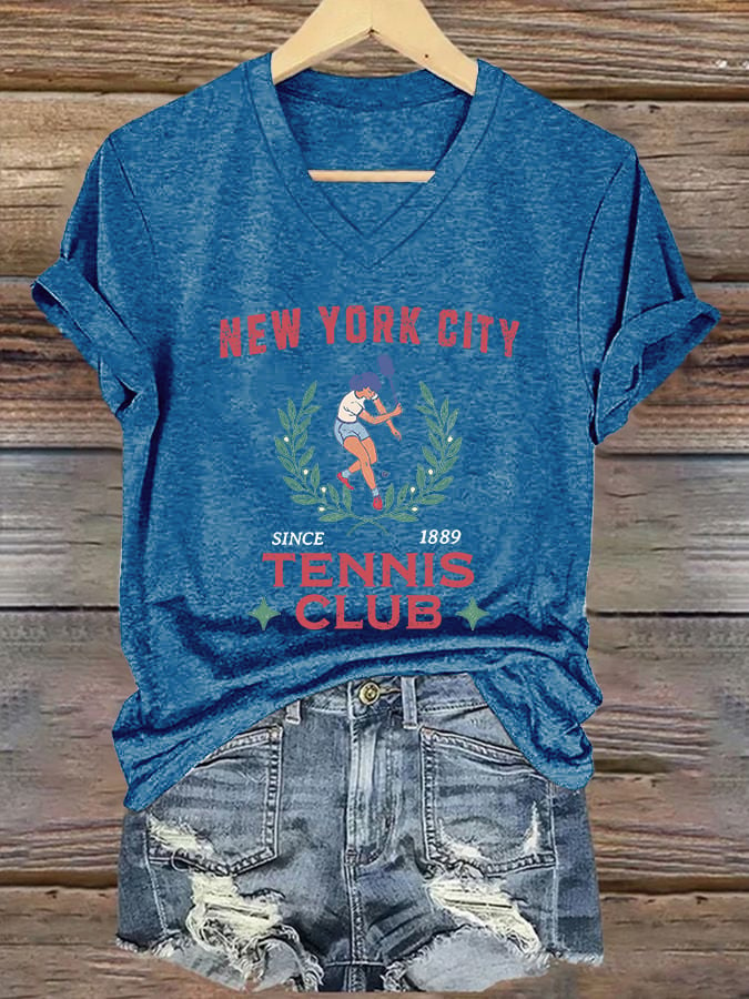 Women's V-neck Retro Tennis Club New York City Print T-Shirt