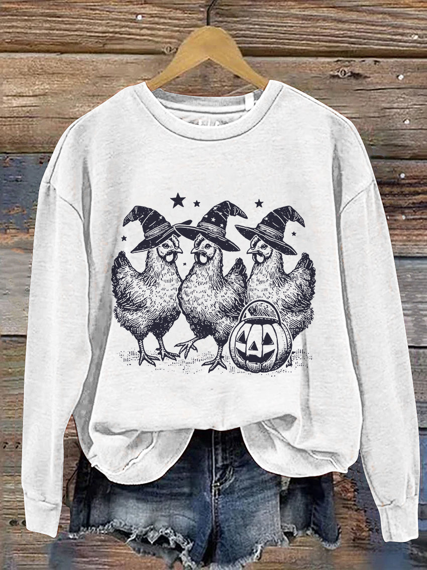 Chicken Witches Funny Halloween Cute Ghost Casual Print Sweatshirt