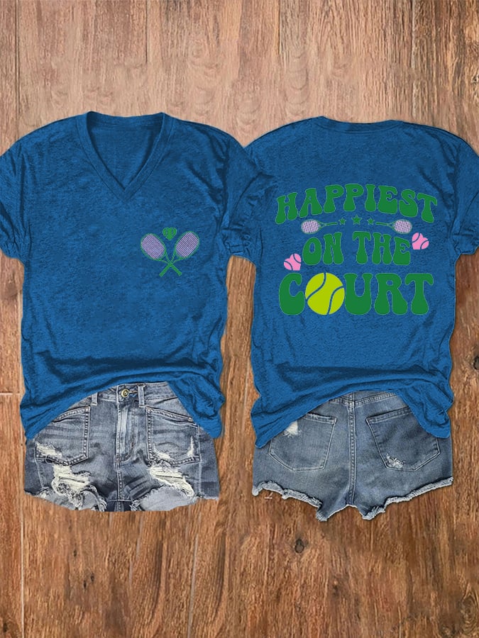 Women's Tennis Lovers Printed V-Neck T-Shirt