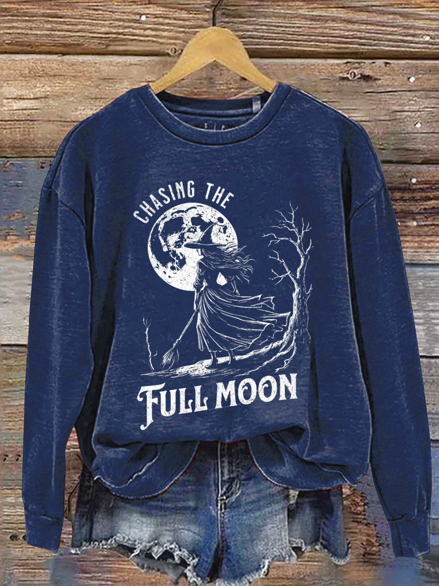 Chasing The Full Moon Witch Halloween Art Print Casual Sweatshirt