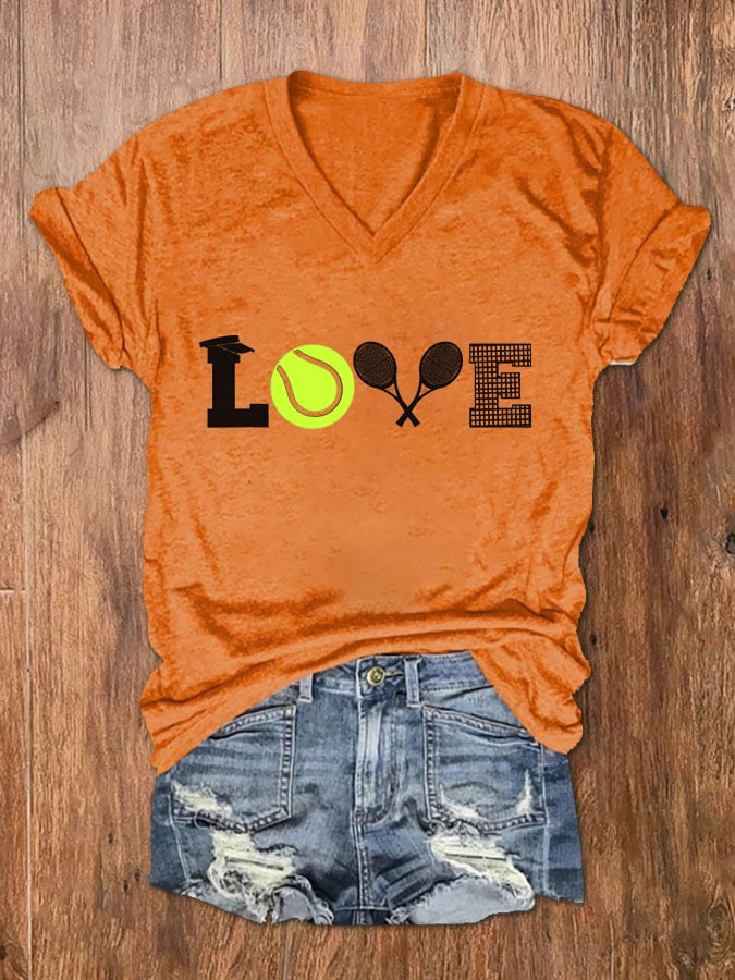 Women's Love Tennis Print V-Neck T-Shirt