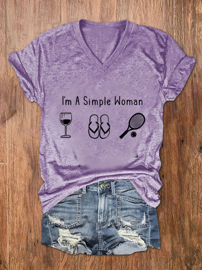 Women's I'm A Simple Woman Tennis Print V-Neck T-Shirt