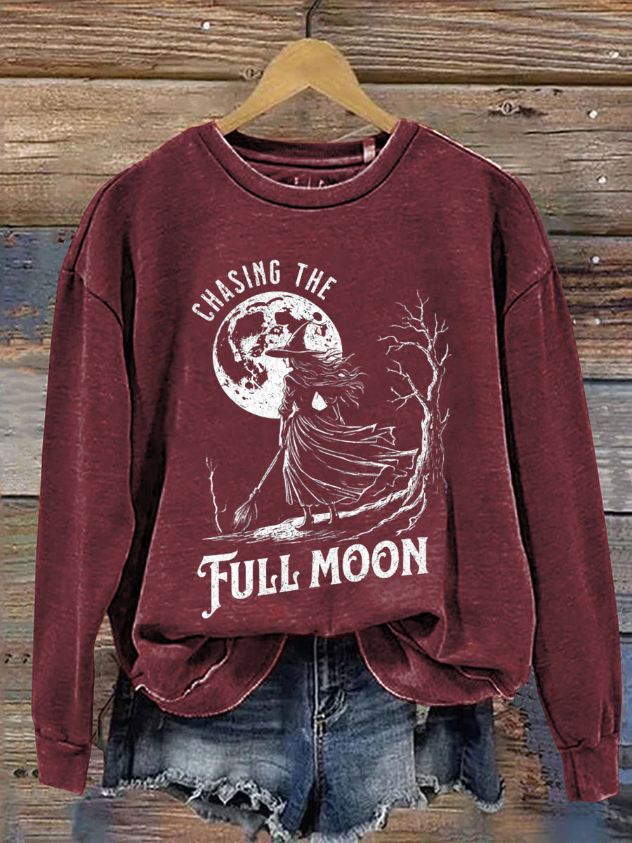 Chasing The Full Moon Witch Halloween Art Print Casual Sweatshirt