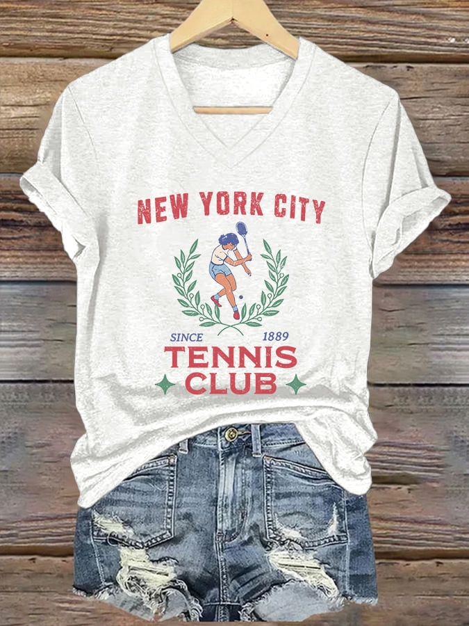 Women's V-neck Retro Tennis Club New York City Print T-Shirt