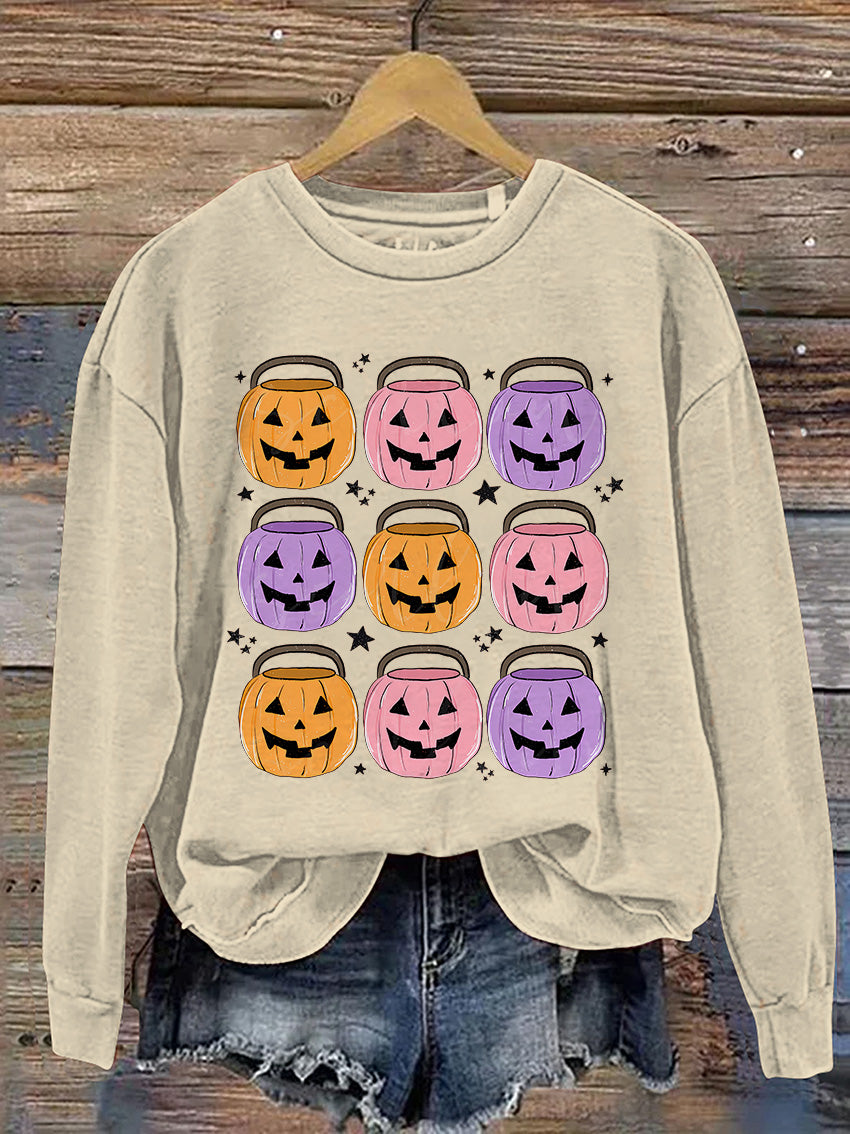 Pumpkin Buckets Halloween Casual Print Sweatshirt