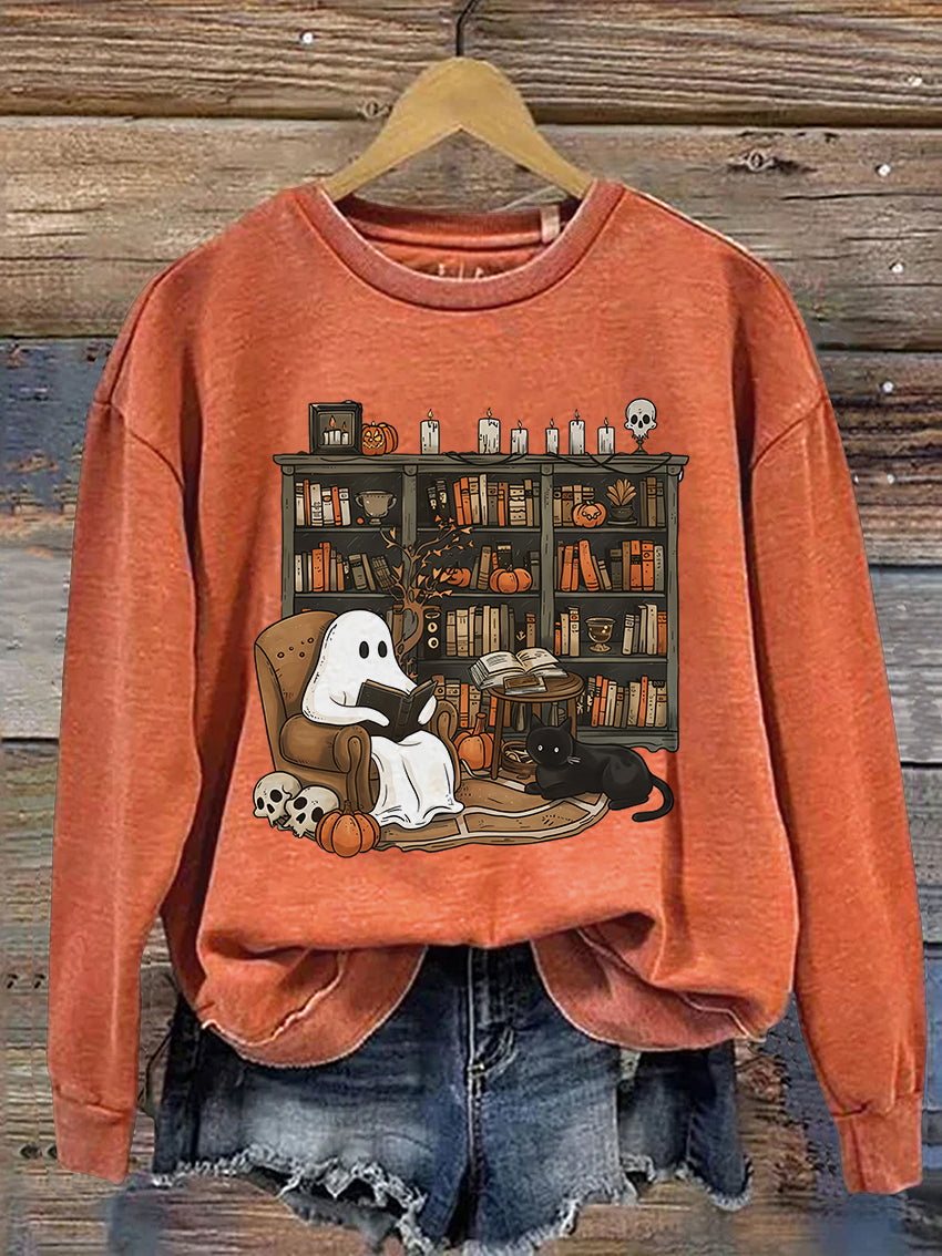 Retro Ghost Reading Books Librarian Ghost Halloween Casual Print Sweatshirt