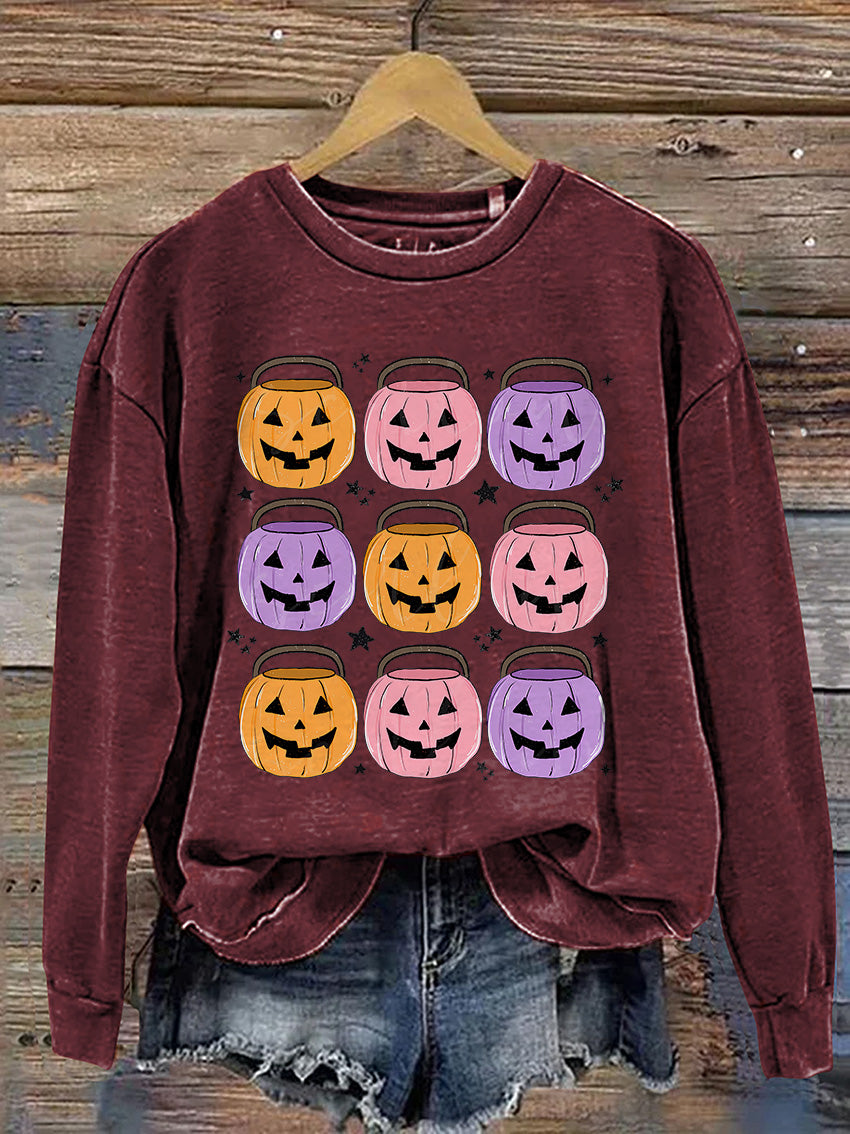 Pumpkin Buckets Halloween Casual Print Sweatshirt