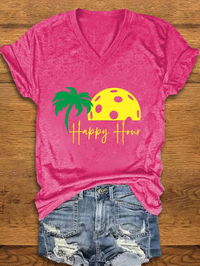 Women's Pickleball "HAPPY HOUR" Printed T-shirt