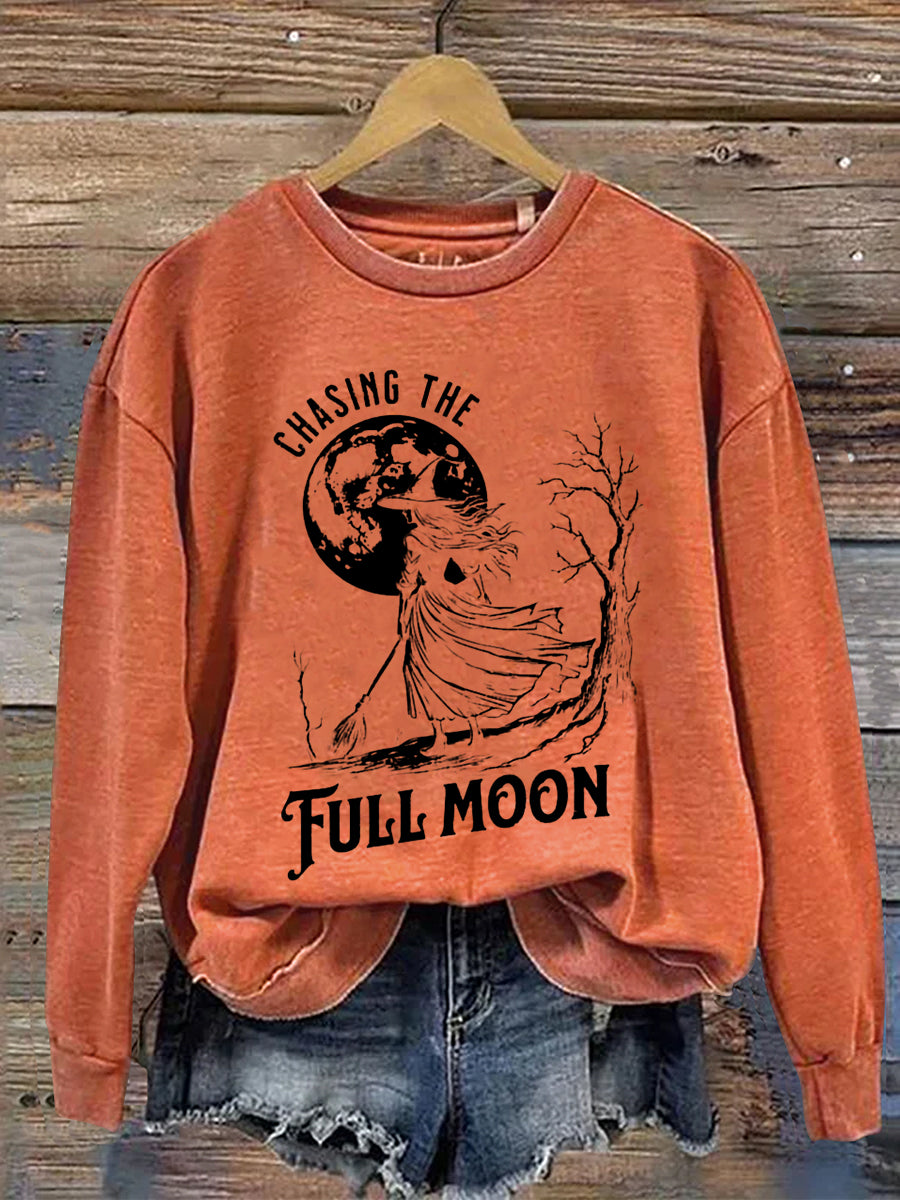 Chasing The Full Moon Witch Halloween Art Print Casual Sweatshirt