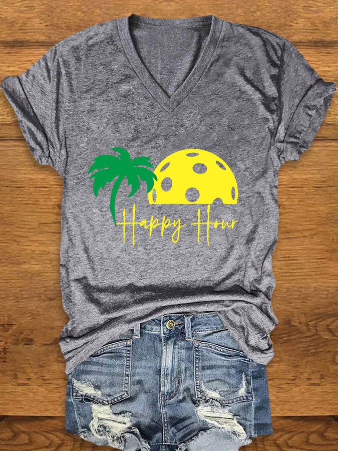 Women's Pickleball "HAPPY HOUR" Printed T-shirt