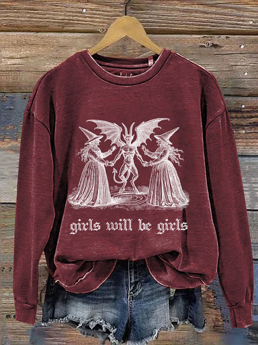 Girls Will Be Girls Witch Halloween Art Print Casual Sweatshirt