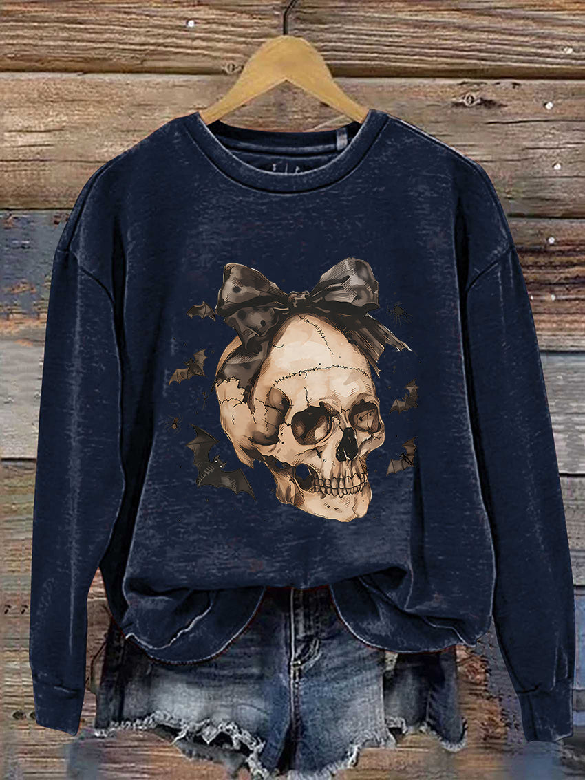 Halloween Skull Bow Casual Print Sweatshirt