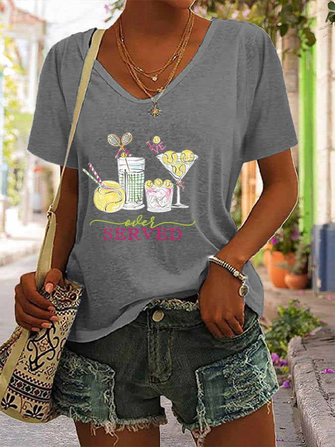 Women's Funny Tennis Tennis Drinks  Tennis Lover Print V-neck T-Shirt