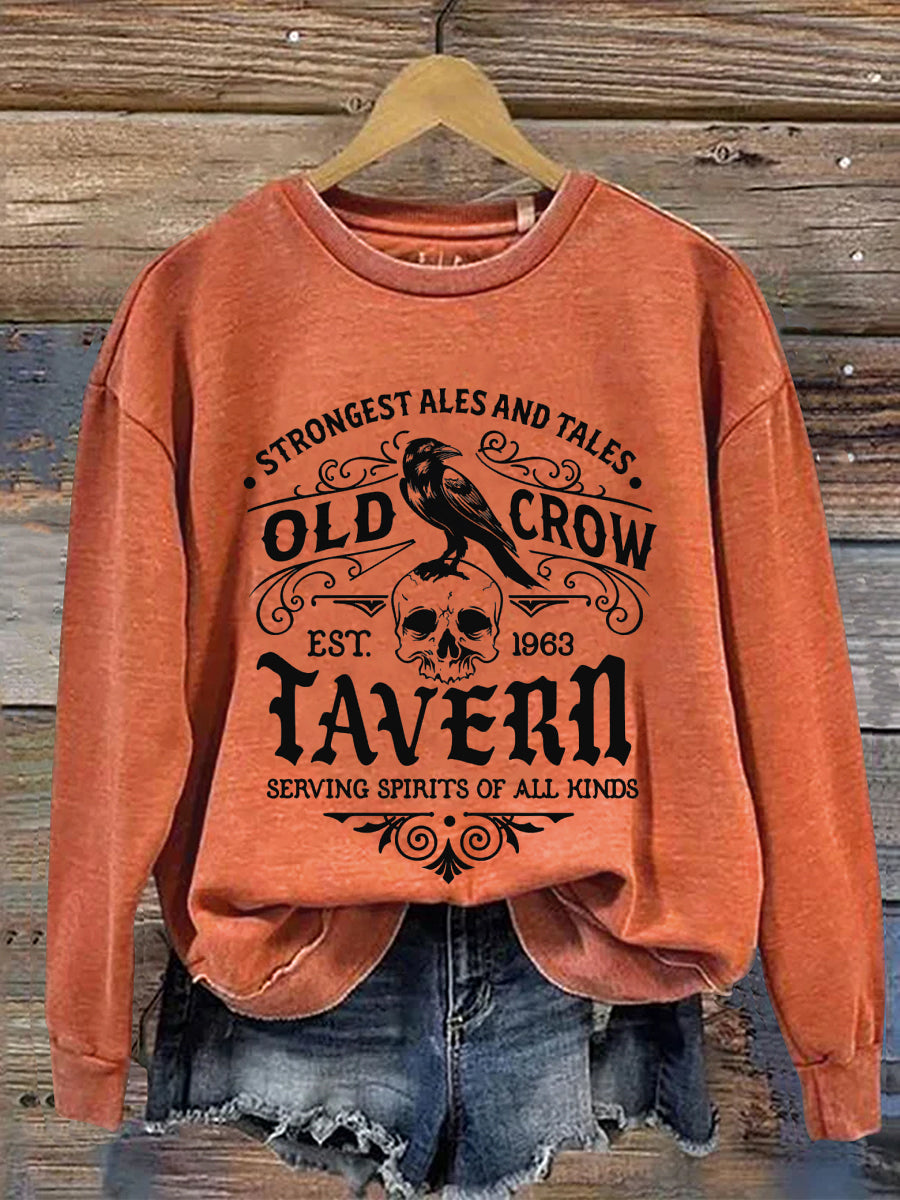 Strongest Ales And Tales Old Crow Tavern Serving Spirits Of All Kinds Halloween Art Print Casual Sweatshirt