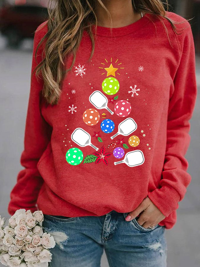 Women's Pickleball Christmas Tree Print Casual Sweatshirt