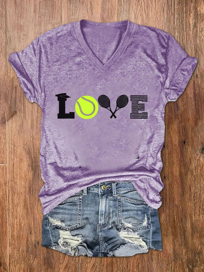 Women's Love Tennis Print V-Neck T-Shirt