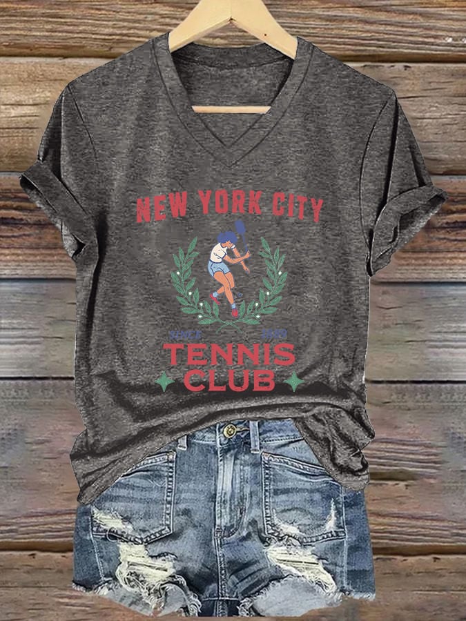 Women's V-neck Retro Tennis Club New York City Print T-Shirt