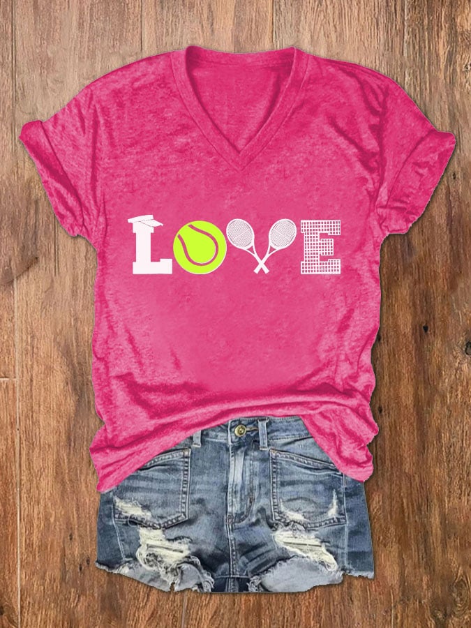 Women's Love Tennis Print V-Neck T-Shirt