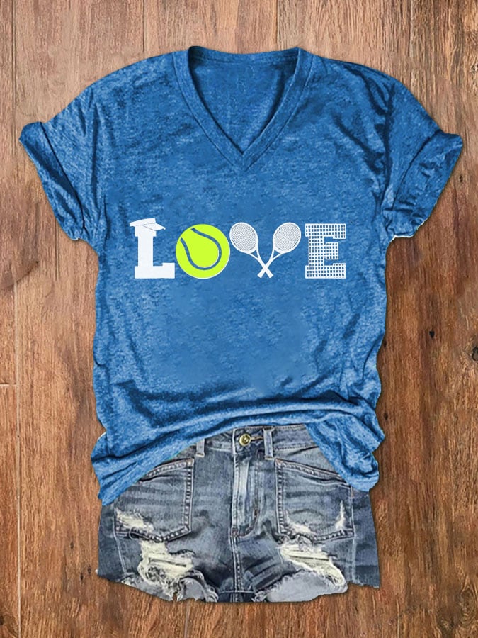 Women's Love Tennis Print V-Neck T-Shirt