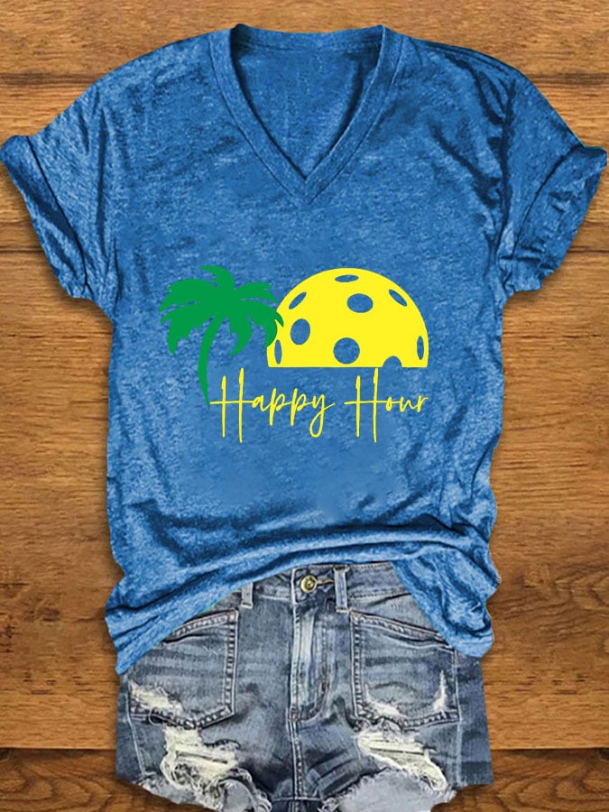 Women's Pickleball "HAPPY HOUR" Printed T-shirt