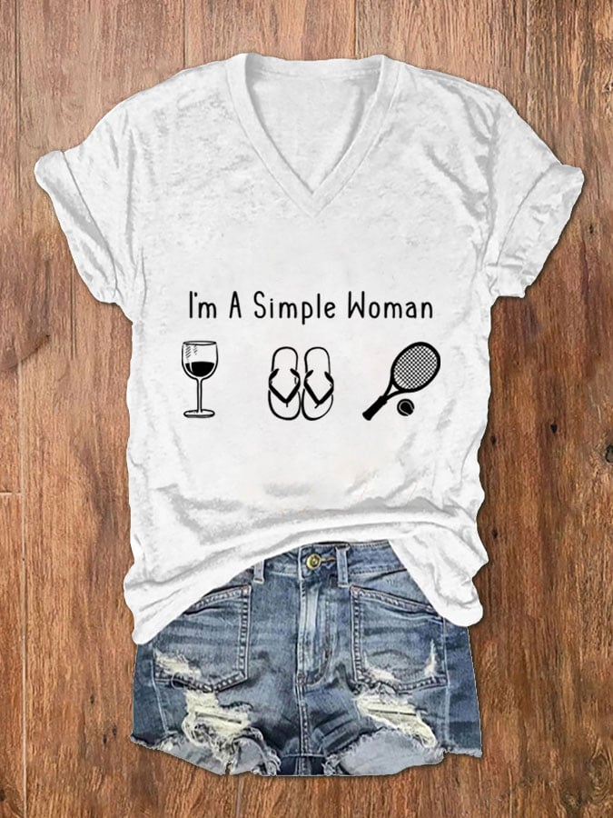 Women's I'm A Simple Woman Tennis Print V-Neck T-Shirt