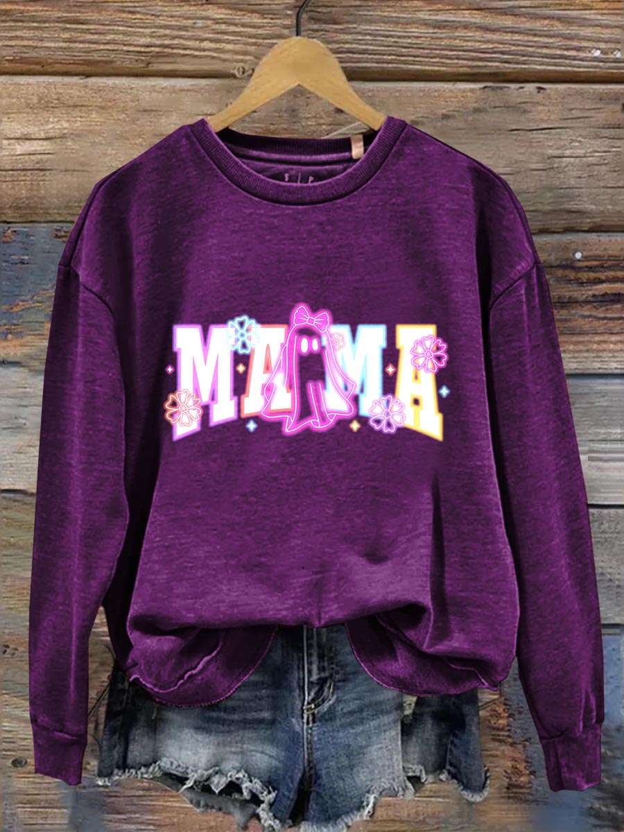 Neon Ghost Mama Halloween Art Print Casual  Sweatshirt