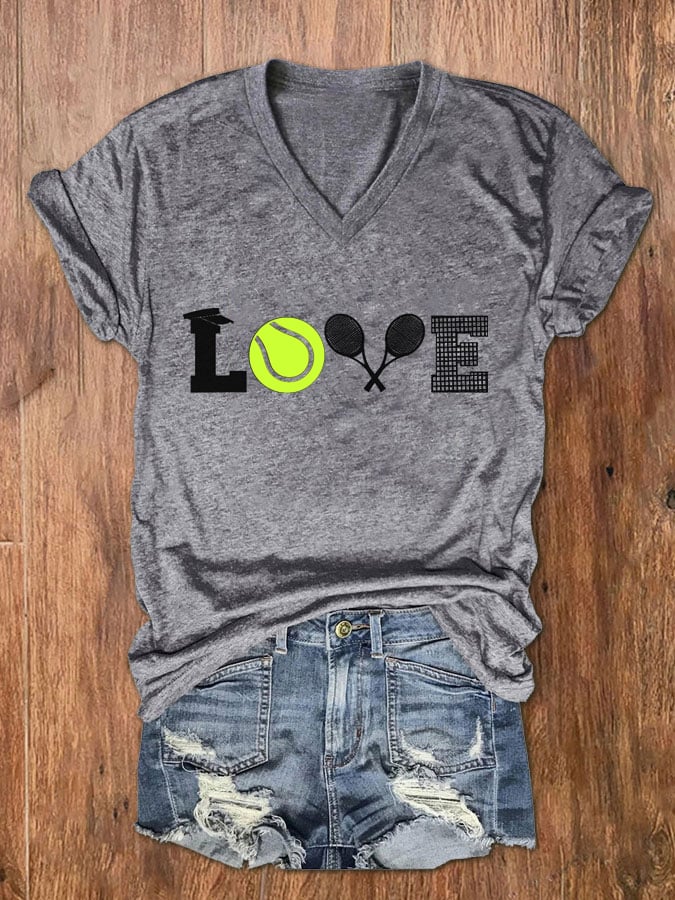 Women's Love Tennis Print V-Neck T-Shirt