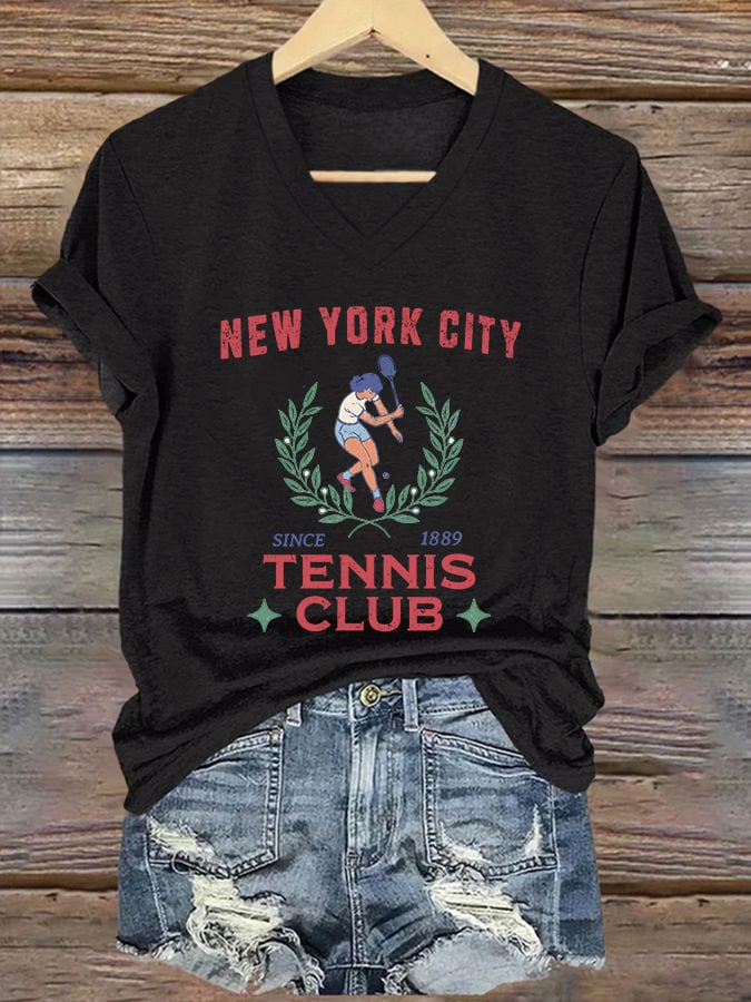 Women's V-neck Retro Tennis Club New York City Print T-Shirt