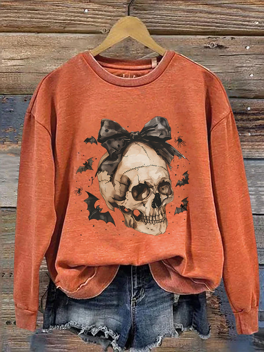 Halloween Skull Bow Casual Print Sweatshirt