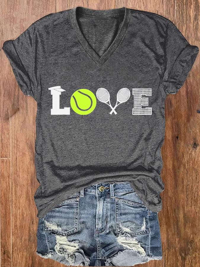 Women's Love Tennis Print V-Neck T-Shirt