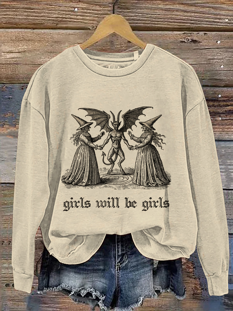 Girls Will Be Girls Witch Halloween Art Print Casual Sweatshirt